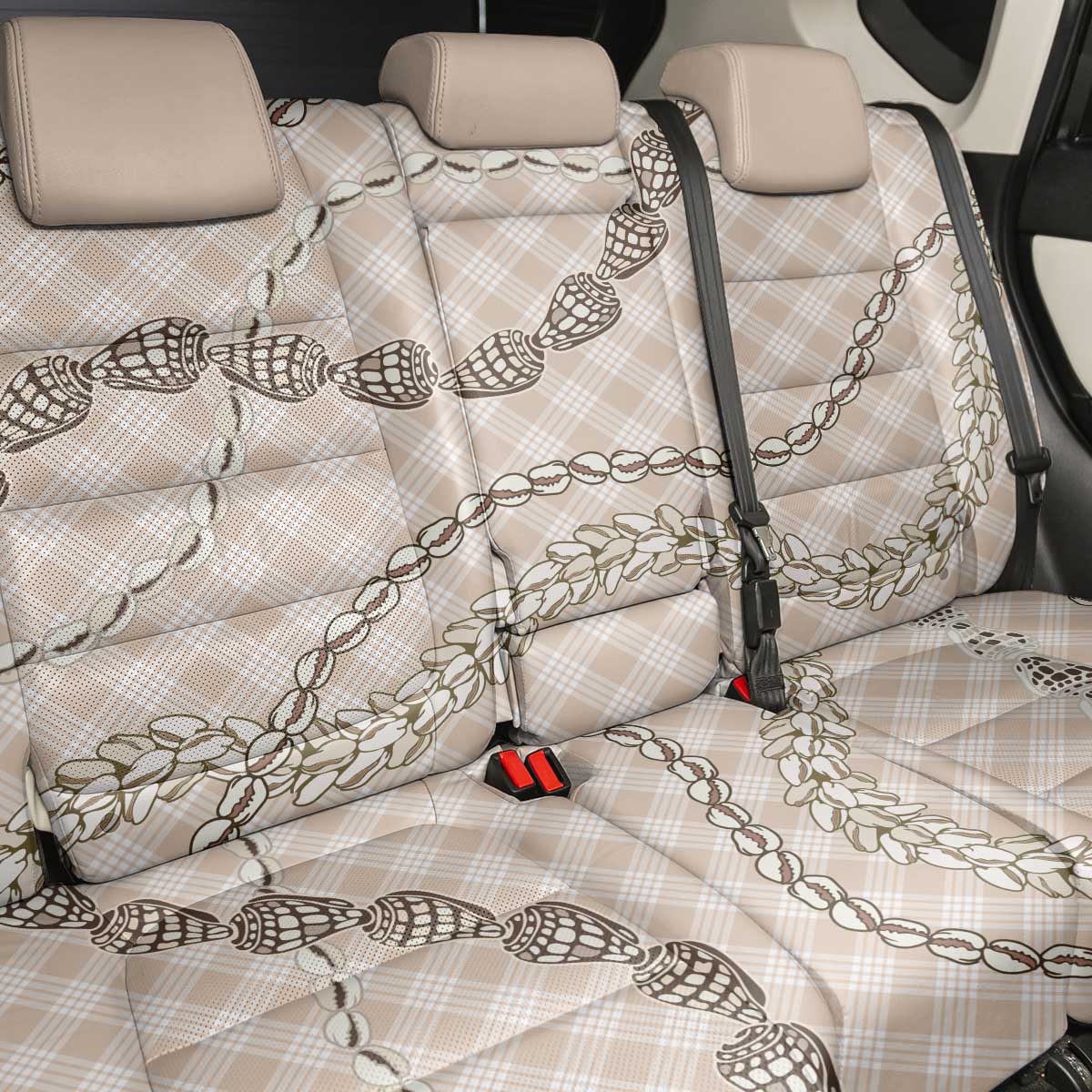 Beige Aloha Hawaii Shell Lei Back Car Seat Cover Palaka Hebrew Cone Honey Cowrie Elegant Curves - Polynesian Pride