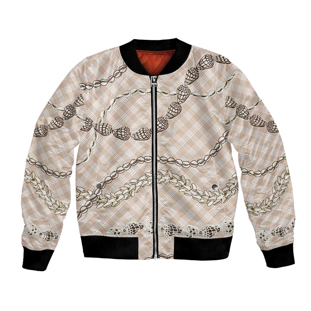 Beige Aloha Hawaii Shell Lei Bomber Jacket Palaka Hebrew Cone Honey Cowrie Elegant Curves - Polynesian Pride