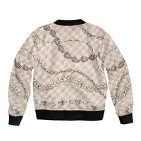 Beige Aloha Hawaii Shell Lei Bomber Jacket Palaka Hebrew Cone Honey Cowrie Elegant Curves - Polynesian Pride