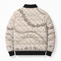 Beige Aloha Hawaii Shell Lei Bomber Puffer Jacket Palaka Hebrew Cone Honey Cowrie Elegant Curves - Polynesian Pride