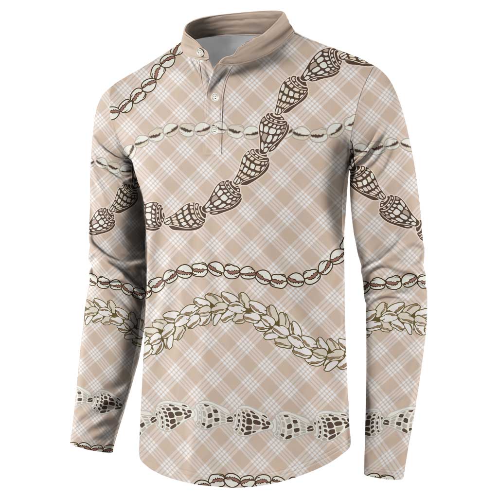 Beige Aloha Hawaii Shell Lei Button Sweatshirt Palaka Hebrew Cone Honey Cowrie Elegant Curves - Polynesian Pride