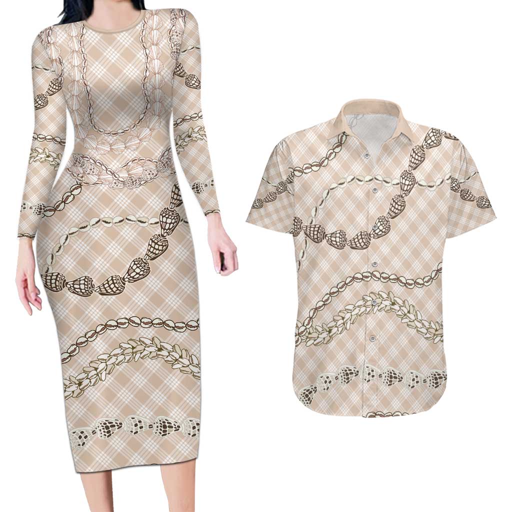 Beige Aloha Hawaii Shell Lei Couples Matching Long Sleeve Bodycon Dress and Hawaiian Shirt Palaka Hebrew Cone Honey Cowrie Elegant Curves - Polynesian Pride