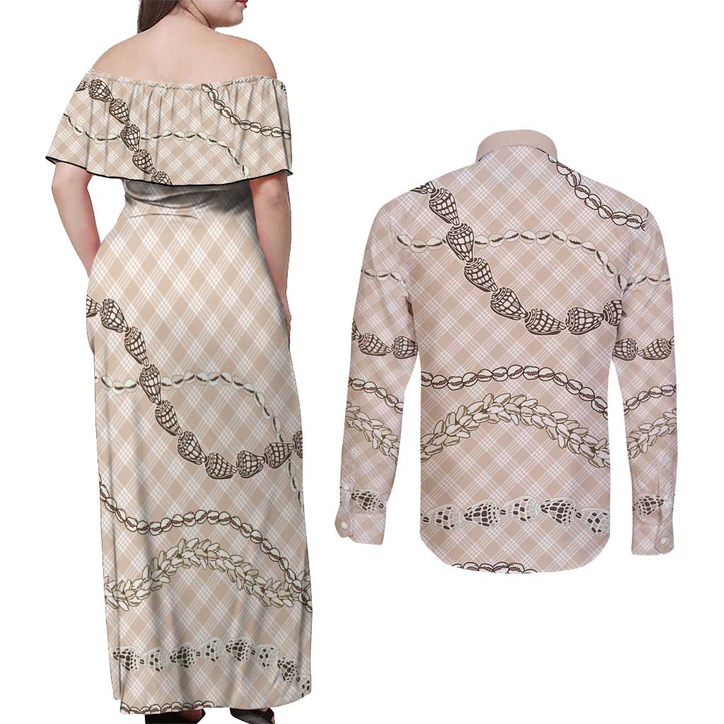 Beige Aloha Hawaii Shell Lei Couples Matching Off Shoulder Maxi Dress and Long Sleeve Button Shirt Palaka Hebrew Cone Honey Cowrie Elegant Curves - Polynesian Pride