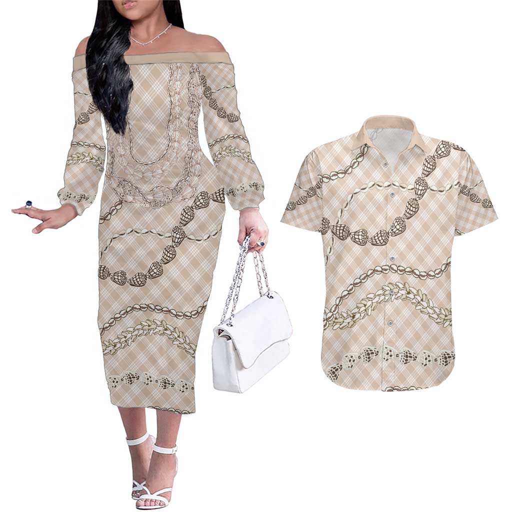 Beige Aloha Hawaii Shell Lei Couples Matching Off The Shoulder Long Sleeve Dress and Hawaiian Shirt Palaka Hebrew Cone Honey Cowrie Elegant Curves - Polynesian Pride