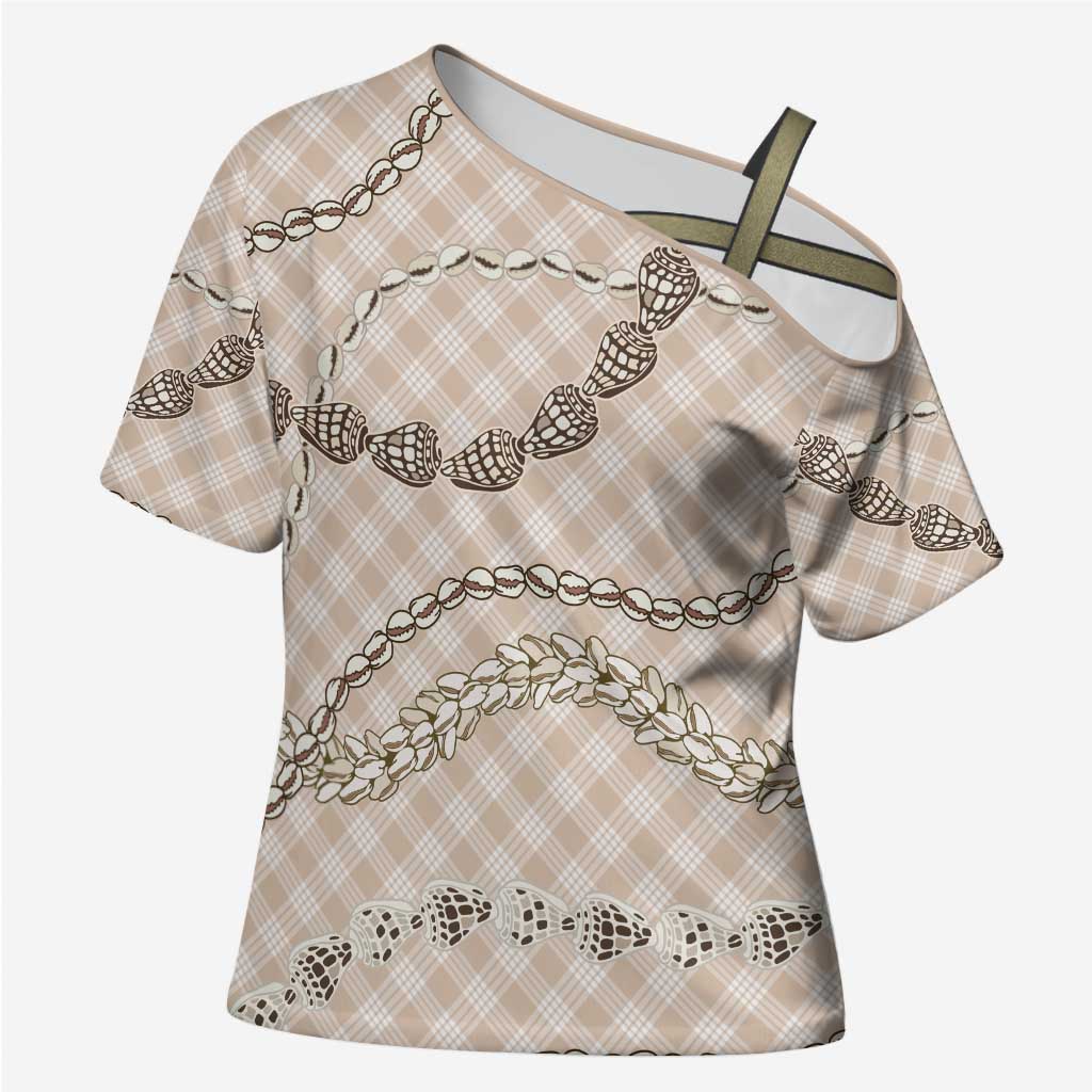 Beige Aloha Hawaii Shell Lei Cross Shoulder Shirt Palaka Hebrew Cone Honey Cowrie Elegant Curves - Polynesian Pride