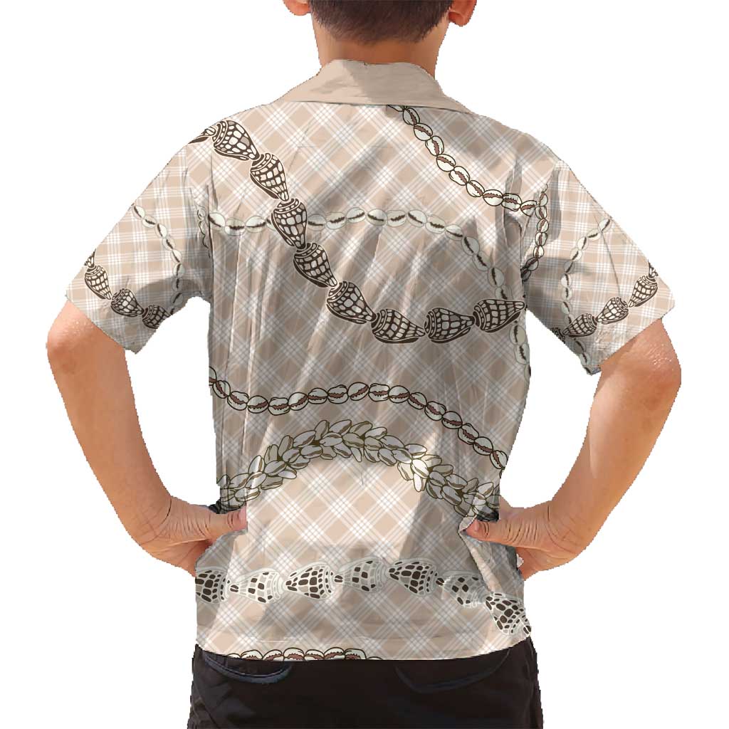 Beige Aloha Hawaii Shell Lei Family Matching Long Sleeve Bodycon Dress and Hawaiian Shirt Palaka Hebrew Cone Honey Cowrie Elegant Curves - Polynesian Pride