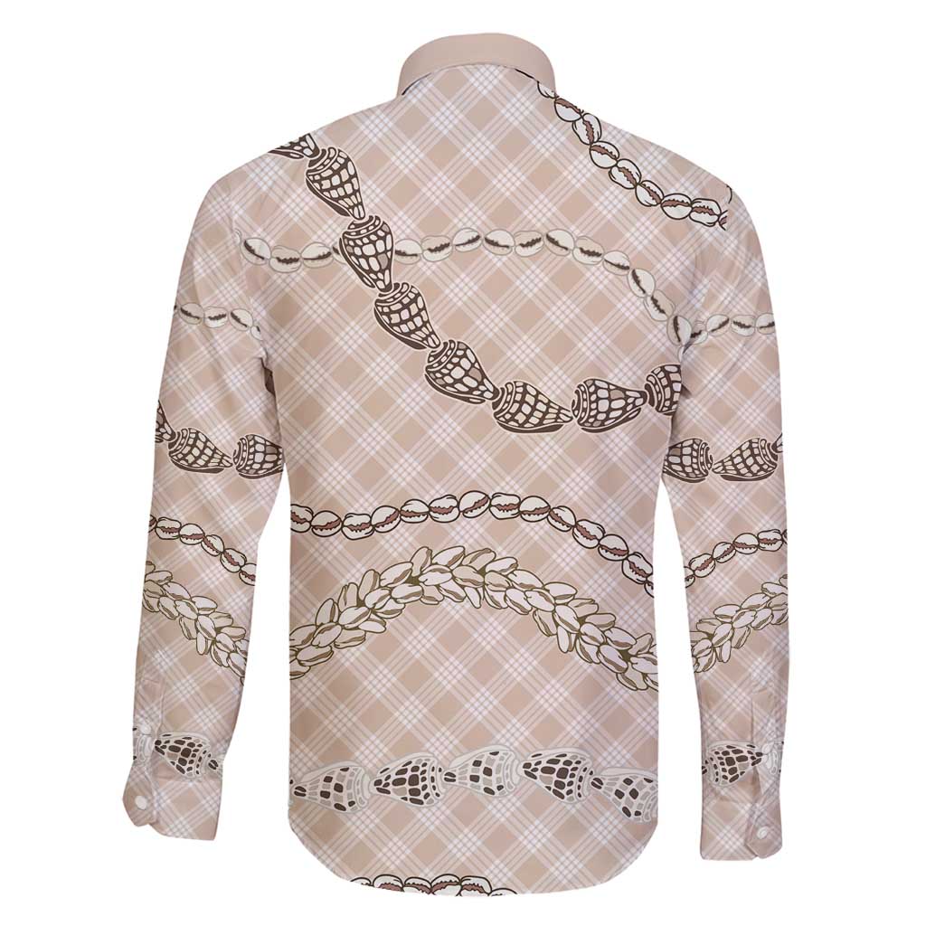 Beige Aloha Hawaii Shell Lei Family Matching Long Sleeve Bodycon Dress and Hawaiian Shirt Palaka Hebrew Cone Honey Cowrie Elegant Curves - Polynesian Pride