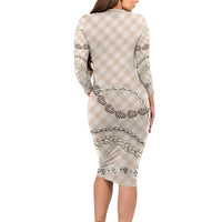 Beige Aloha Hawaii Shell Lei Family Matching Long Sleeve Bodycon Dress and Hawaiian Shirt Palaka Hebrew Cone Honey Cowrie Elegant Curves - Polynesian Pride