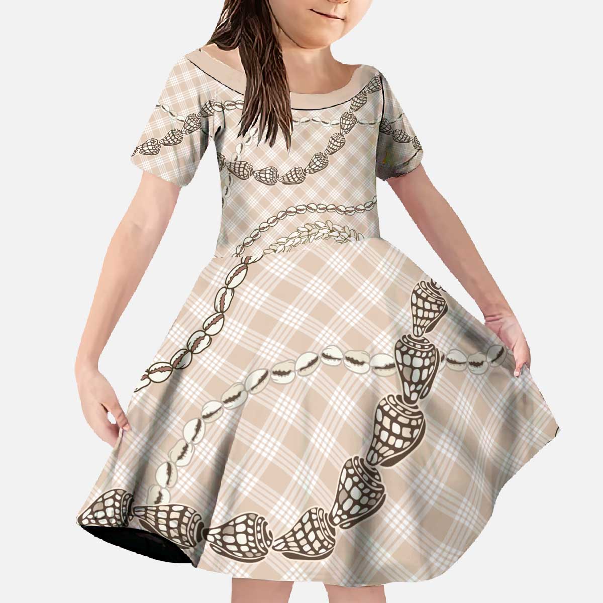 Beige Aloha Hawaii Shell Lei Family Matching Off The Shoulder Long Sleeve Dress and Hawaiian Shirt Palaka Hebrew Cone Honey Cowrie Elegant Curves - Polynesian Pride