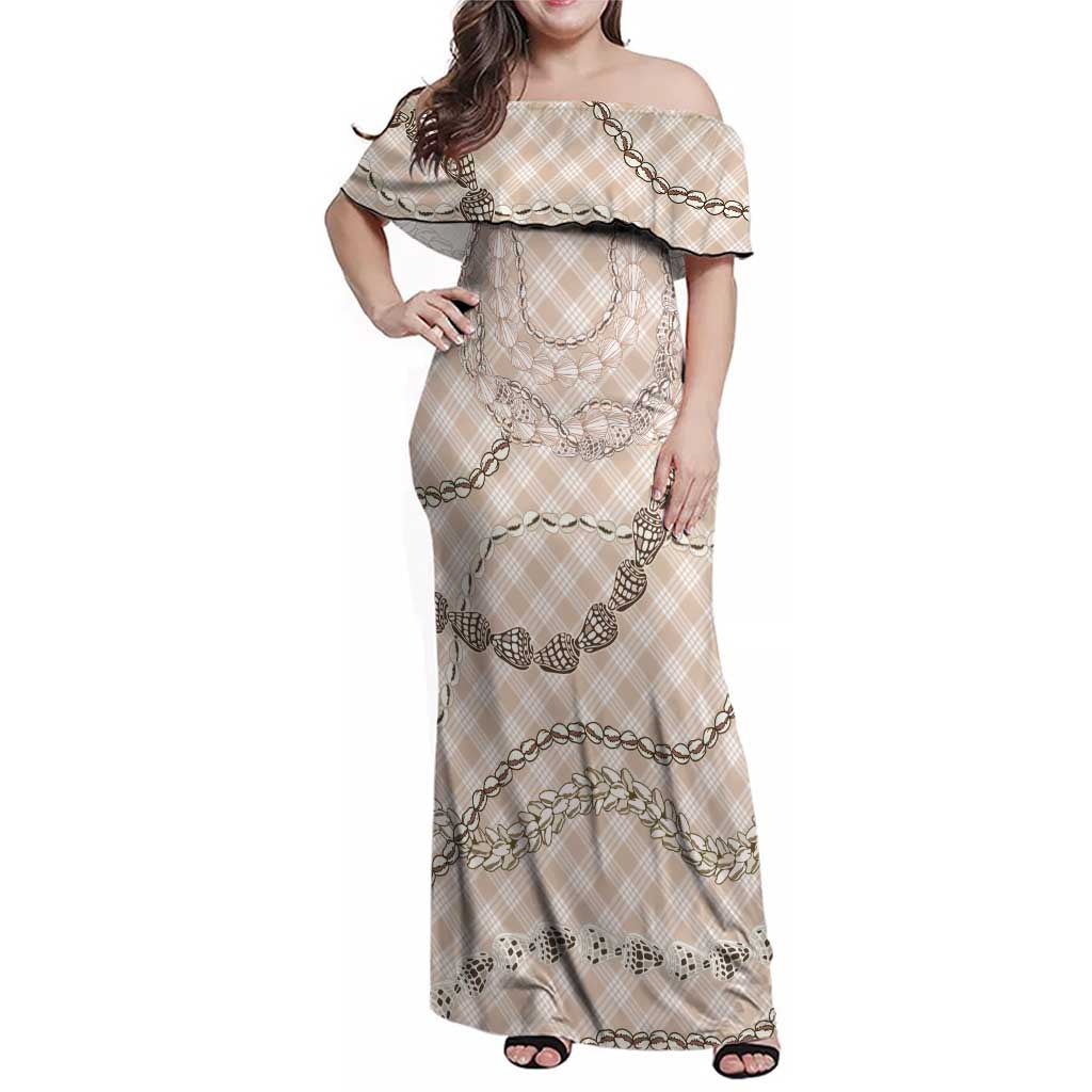Beige Aloha Hawaii Shell Lei Family Matching Off Shoulder Maxi Dress and Hawaiian Shirt Palaka Hebrew Cone Honey Cowrie Elegant Curves - Polynesian Pride