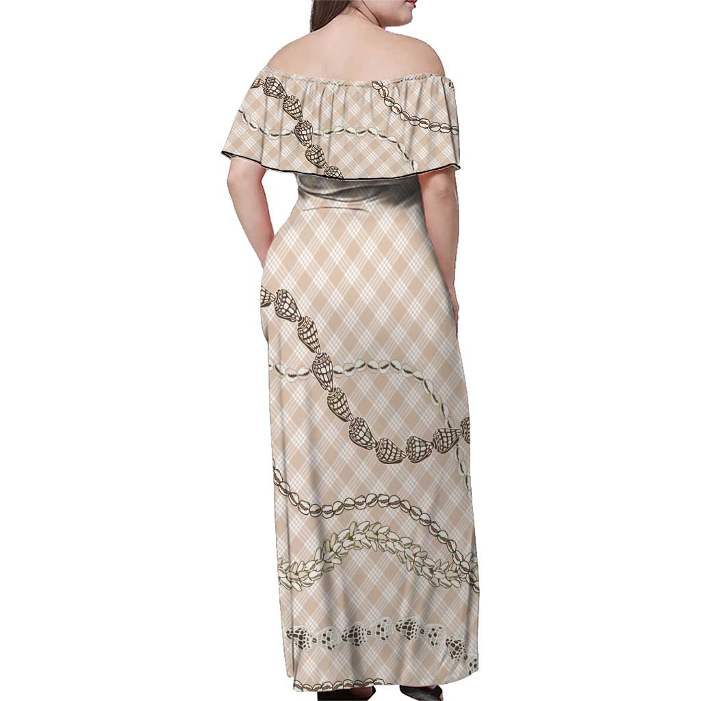 Beige Aloha Hawaii Shell Lei Family Matching Off Shoulder Maxi Dress and Hawaiian Shirt Palaka Hebrew Cone Honey Cowrie Elegant Curves - Polynesian Pride