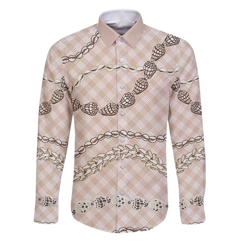 Beige Aloha Hawaii Shell Lei Family Matching Off Shoulder Short Dress and Hawaiian Shirt Palaka Hebrew Cone Honey Cowrie Elegant Curves - Polynesian Pride