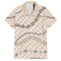Beige Aloha Hawaii Shell Lei Family Matching Short Sleeve Bodycon Dress and Hawaiian Shirt Palaka Hebrew Cone Honey Cowrie Elegant Curves - Polynesian Pride