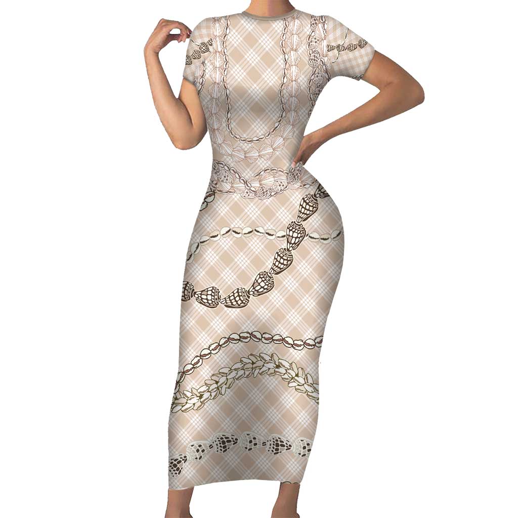 Beige Aloha Hawaii Shell Lei Family Matching Short Sleeve Bodycon Dress and Hawaiian Shirt Palaka Hebrew Cone Honey Cowrie Elegant Curves - Polynesian Pride