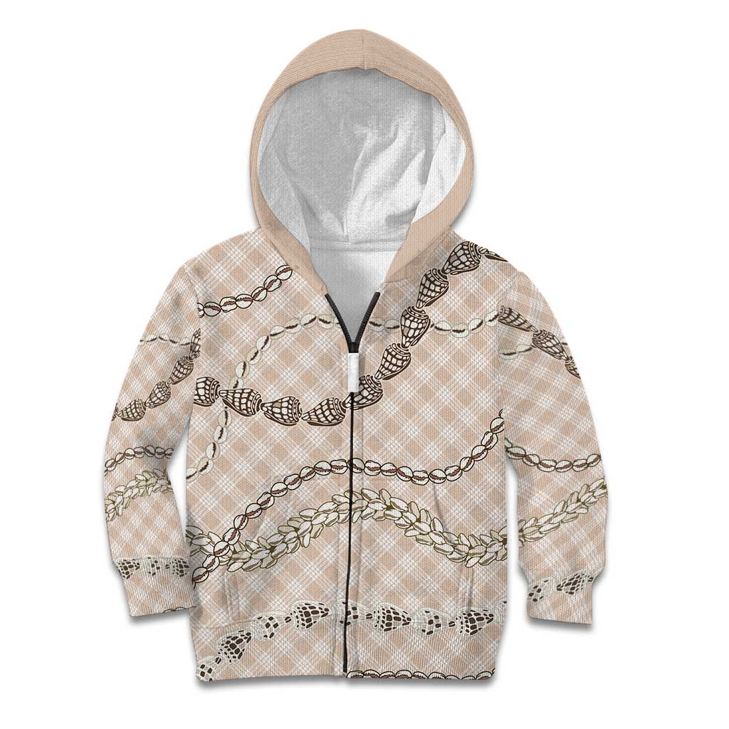 Beige Aloha Hawaii Shell Lei Kid Hoodie Palaka Hebrew Cone Honey Cowrie Elegant Curves - Polynesian Pride