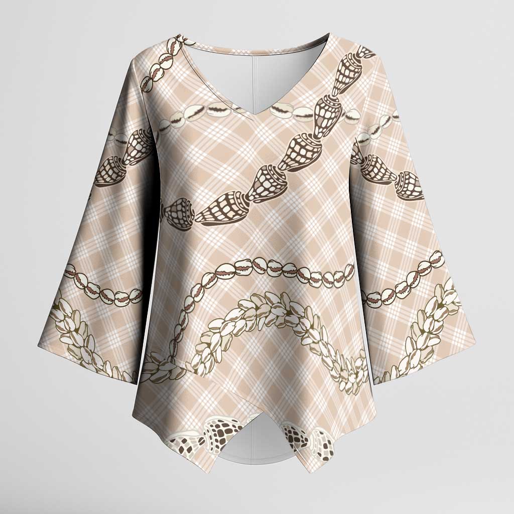 Beige Aloha Hawaii Shell Lei Kimono Sleeve Blouse Palaka Hebrew Cone Honey Cowrie Elegant Curves - Polynesian Pride