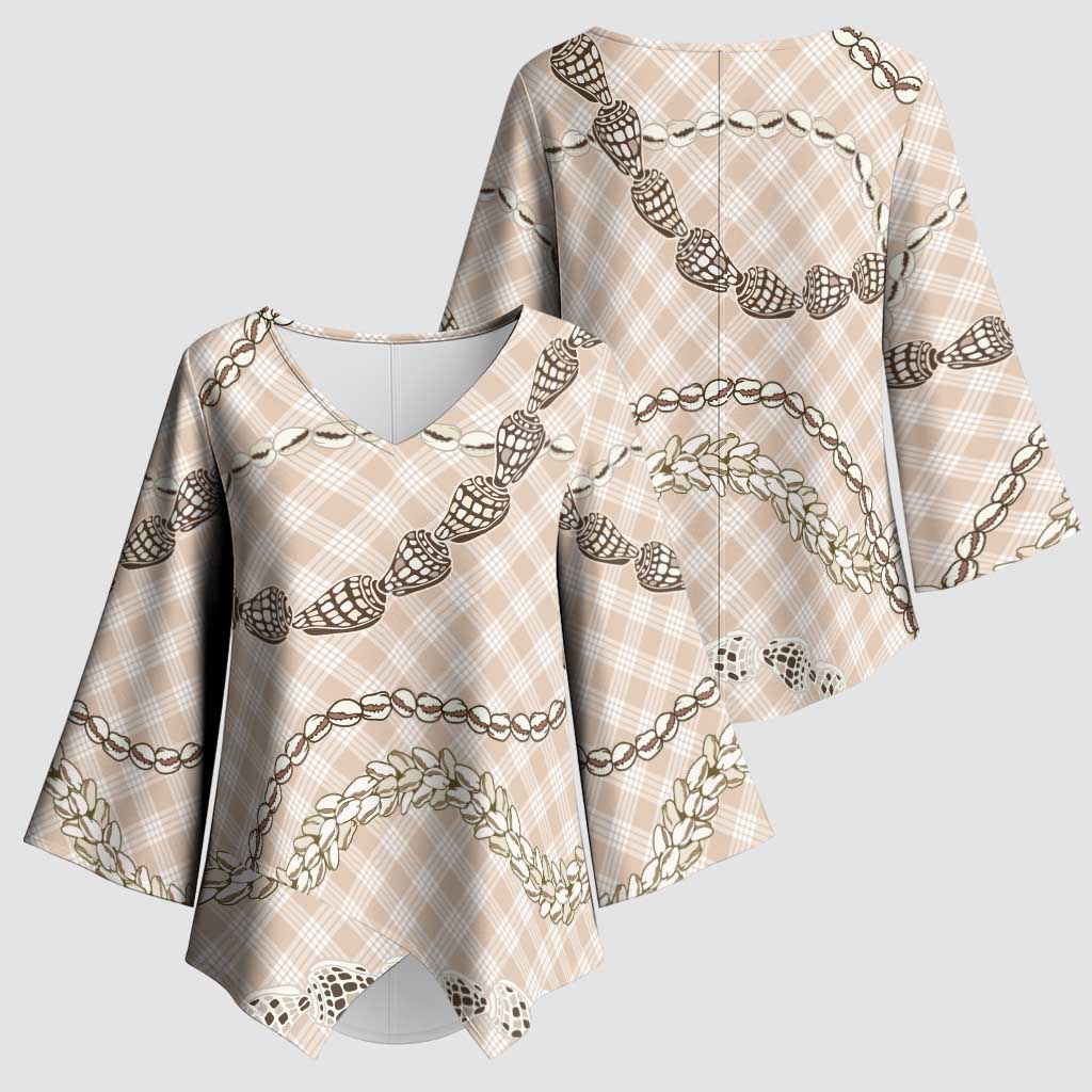 Beige Aloha Hawaii Shell Lei Kimono Sleeve Blouse Palaka Hebrew Cone Honey Cowrie Elegant Curves - Polynesian Pride