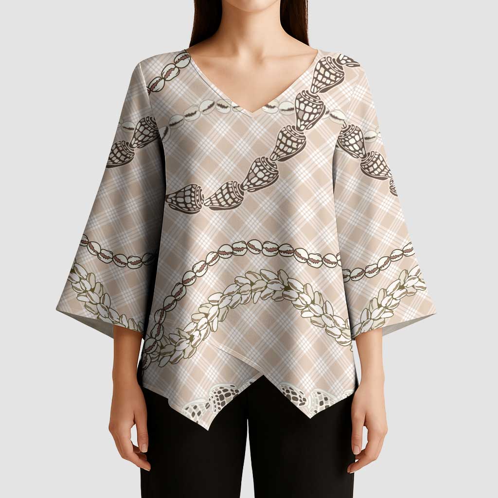 Beige Aloha Hawaii Shell Lei Kimono Sleeve Blouse Palaka Hebrew Cone Honey Cowrie Elegant Curves - Polynesian Pride
