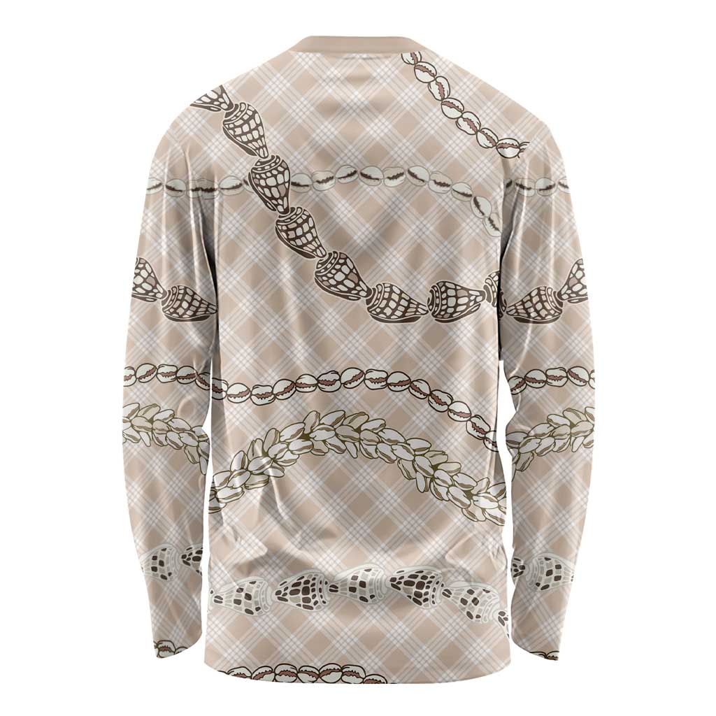 Beige Aloha Hawaii Shell Lei Long Sleeve Shirt Palaka Hebrew Cone Honey Cowrie Elegant Curves - Polynesian Pride