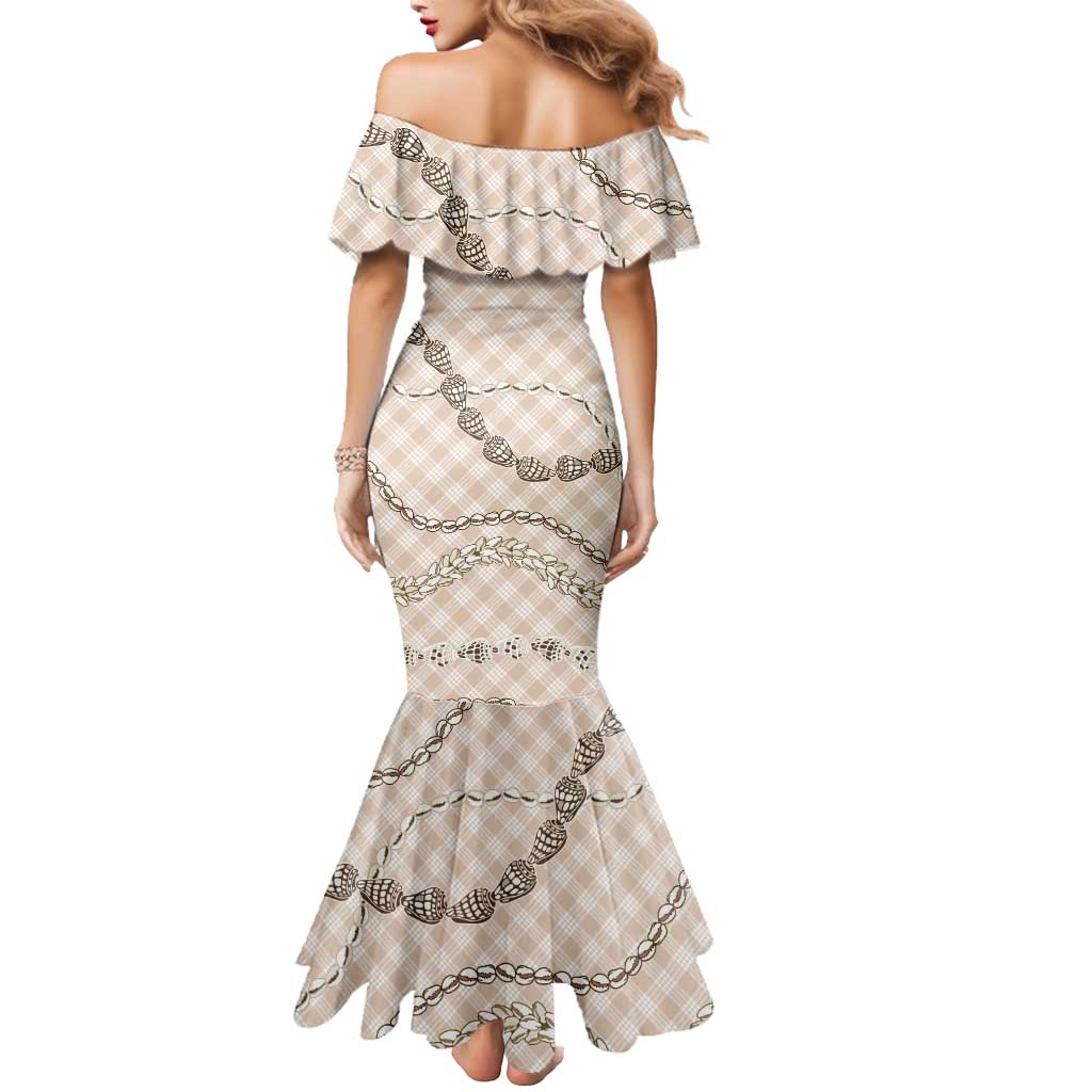 Beige Aloha Hawaii Shell Lei Mermaid Dress Palaka Hebrew Cone Honey Cowrie Elegant Curves - Polynesian Pride