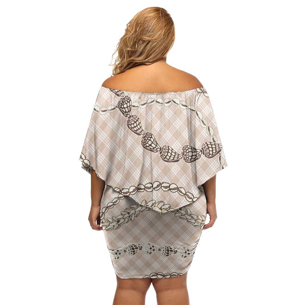 Beige Aloha Hawaii Shell Lei Off Shoulder Short Dress Palaka Hebrew Cone Honey Cowrie Elegant Curves - Polynesian Pride