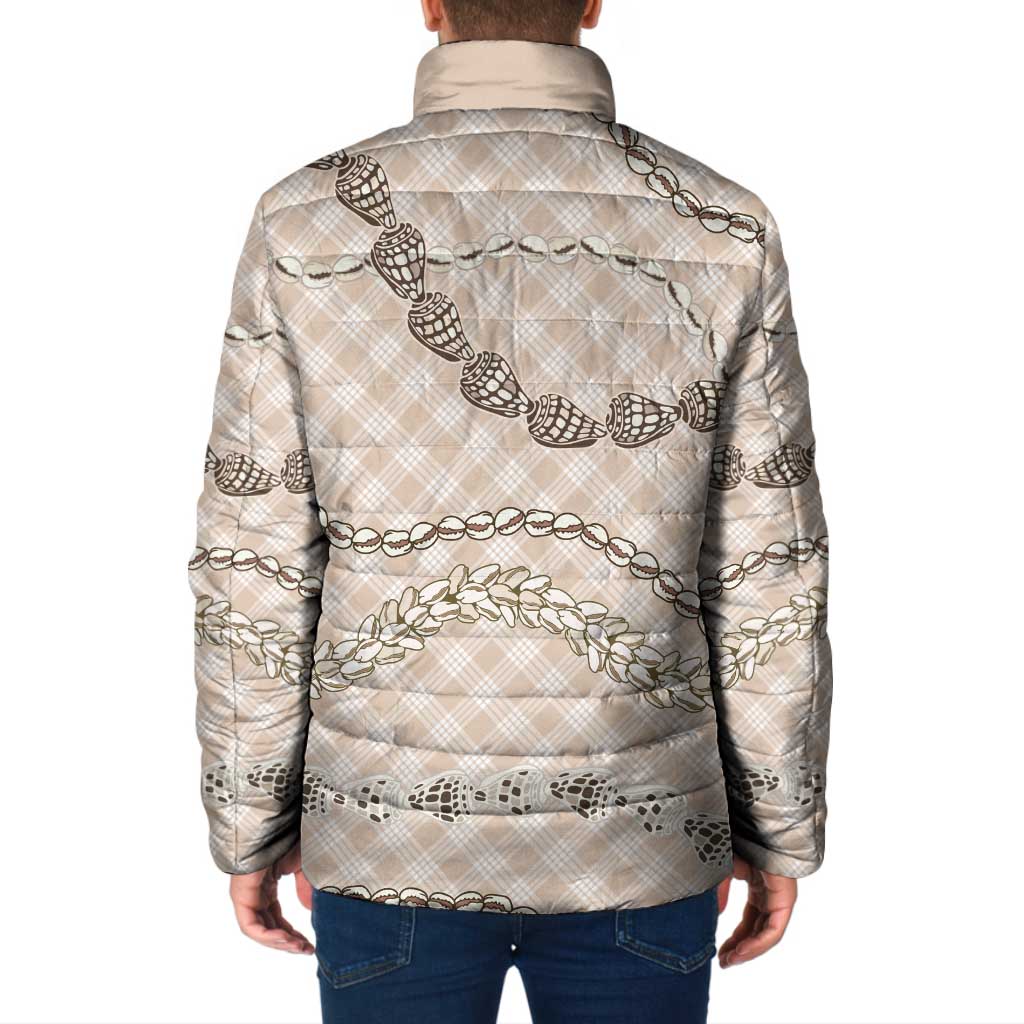 Beige Aloha Hawaii Shell Lei Padded Jacket Palaka Hebrew Cone Honey Cowrie Elegant Curves - Polynesian Pride