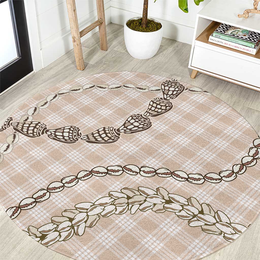 Beige Aloha Hawaii Shell Lei Round Carpet Palaka Hebrew Cone Honey Cowrie Elegant Curves - Polynesian Pride
