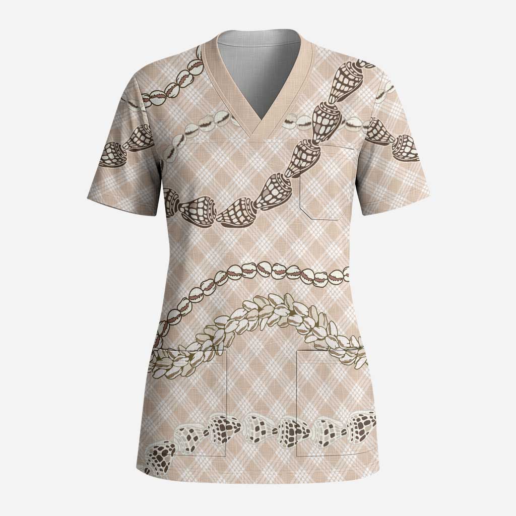 Beige Aloha Hawaii Shell Lei Scrub Top Palaka Hebrew Cone Honey Cowrie Elegant Curves - Polynesian Pride