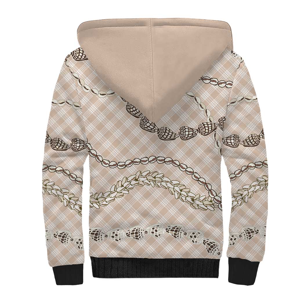 Beige Aloha Hawaii Shell Lei Sherpa Hoodie Palaka Hebrew Cone Honey Cowrie Elegant Curves - Polynesian Pride