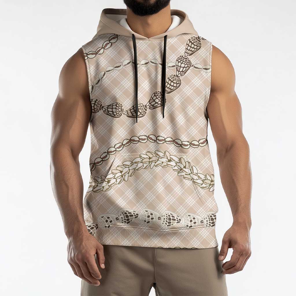 Beige Aloha Hawaii Shell Lei Sleeveless Hoodie Palaka Hebrew Cone Honey Cowrie Elegant Curves - Polynesian Pride