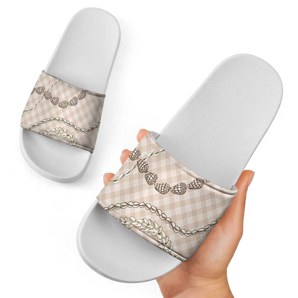Beige Aloha Hawaii Shell Lei Slide Sandals Palaka Hebrew Cone Honey Cowrie Elegant Curves - Polynesian Pride