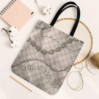 Beige Aloha Hawaii Shell Lei Tote Bag Palaka Hebrew Cone Honey Cowrie Elegant Curves - Polynesian Pride