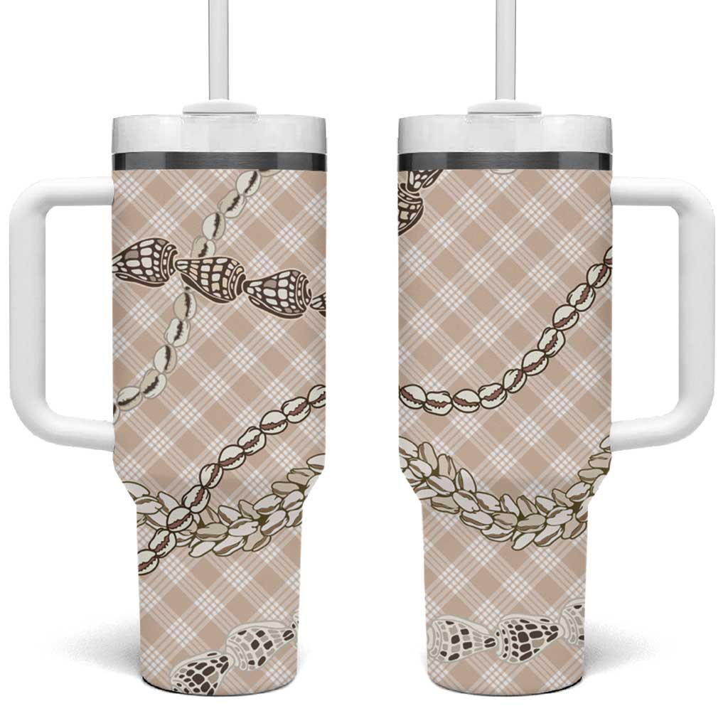 Beige Aloha Hawaii Shell Lei Tumbler With Handle Palaka Hebrew Cone Honey Cowrie Elegant Curves - Polynesian Pride