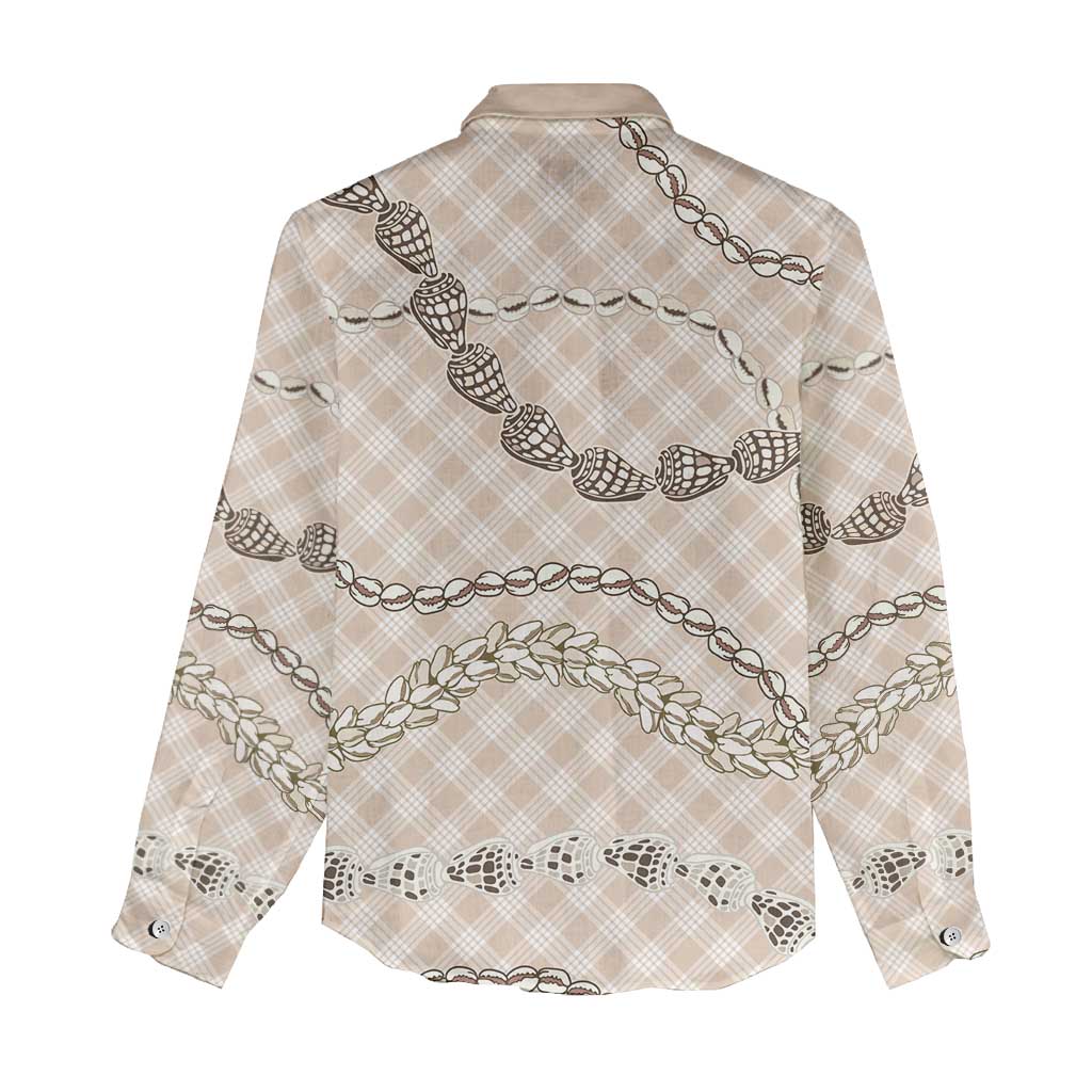 Beige Aloha Hawaii Shell Lei Women Casual Shirt Palaka Hebrew Cone Honey Cowrie Elegant Curves - Polynesian Pride