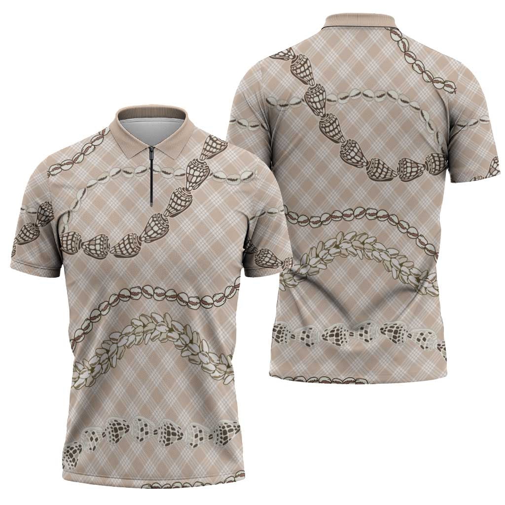 Beige Aloha Hawaii Shell Lei Zipper Polo Shirt Palaka Hebrew Cone Honey Cowrie Elegant Curves - Polynesian Pride
