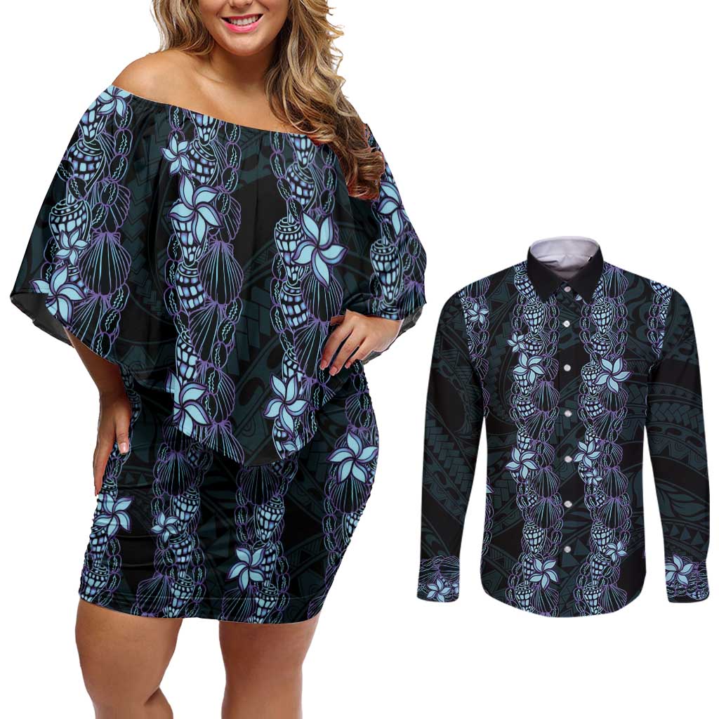 Purple Paradise Hawaii Shell Lei Couples Matching Off Shoulder Short Dress and Long Sleeve Button Shirt Hawaiian Sunrise Shell Hebrew Cone Plumeria - Polynesian Pride