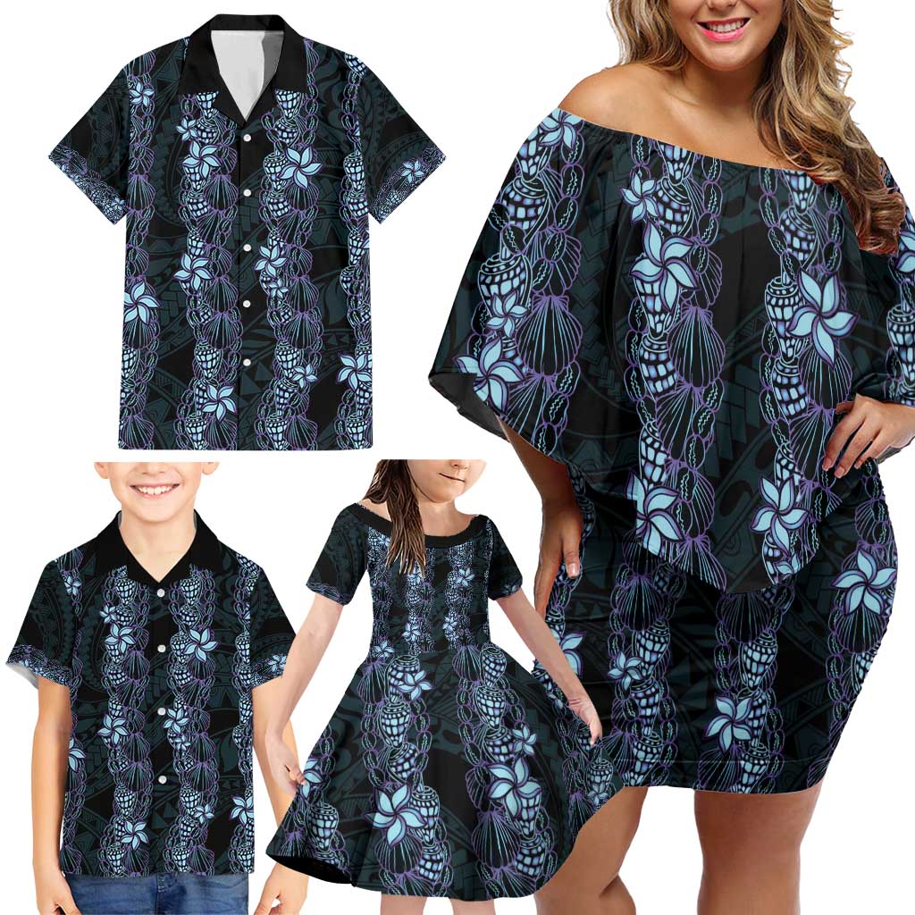 Purple Paradise Hawaii Shell Lei Family Matching Off Shoulder Short Dress and Hawaiian Shirt Hawaiian Sunrise Shell Hebrew Cone Plumeria - Polynesian Pride