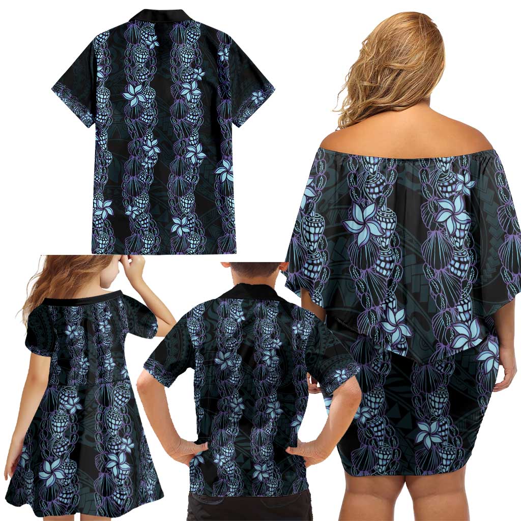 Purple Paradise Hawaii Shell Lei Family Matching Off Shoulder Short Dress and Hawaiian Shirt Hawaiian Sunrise Shell Hebrew Cone Plumeria - Polynesian Pride