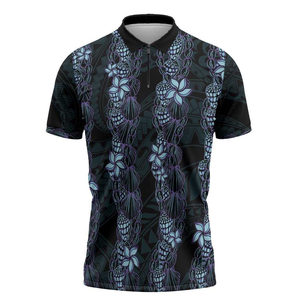 Purple Paradise Hawaii Shell Lei Zipper Polo Shirt Hawaiian Sunrise Shell Hebrew Cone Plumeria - Polynesian Pride