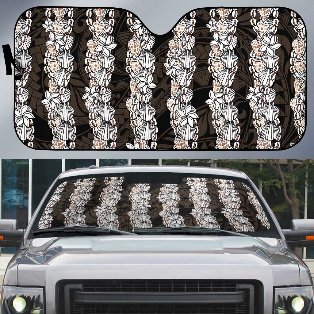 Black and Beige Hawaii Shell Lei Auto Sun Shade Hawaiian Sunrise Shell Hebrew Cone Plumeria - Polynesian Pride