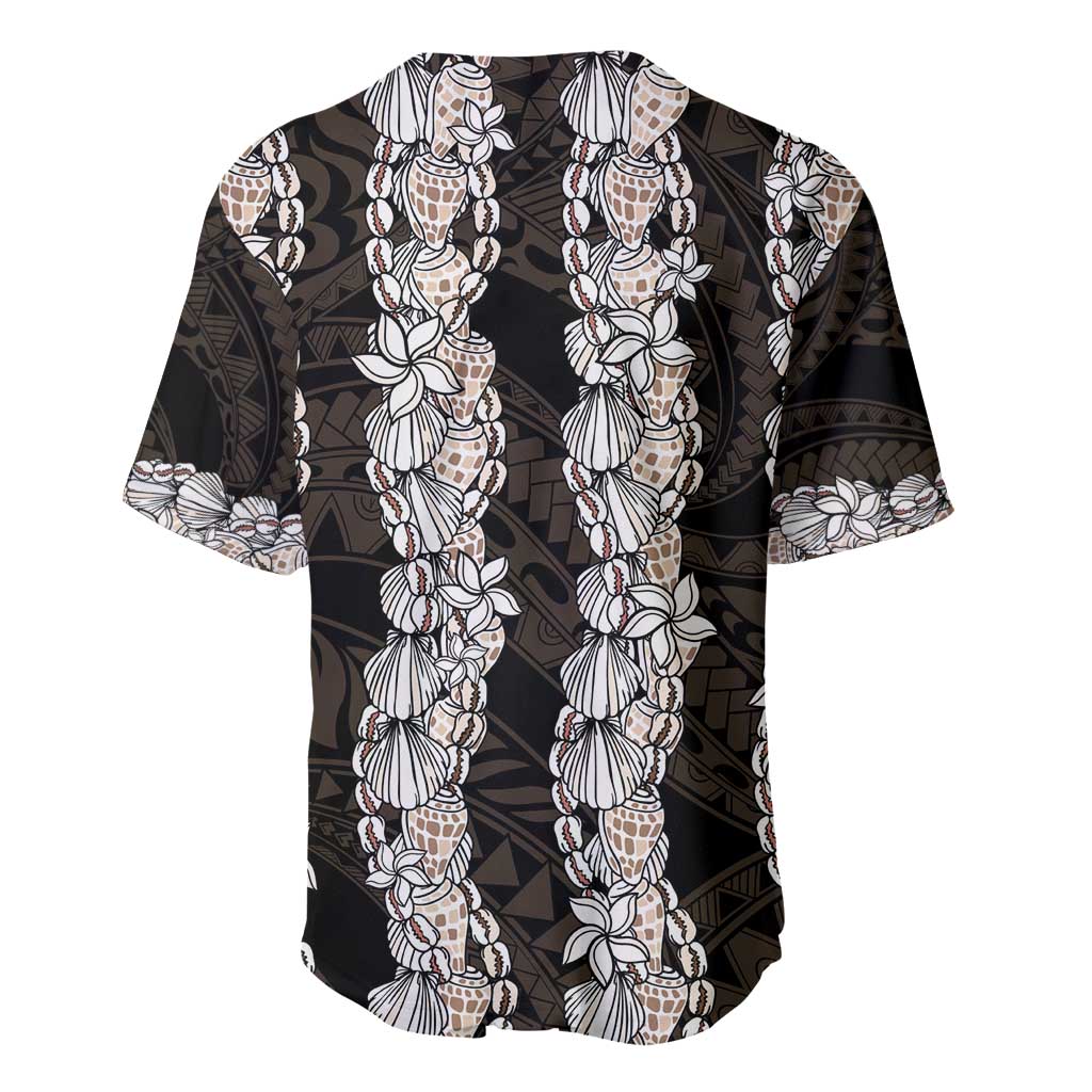 Black and Beige Hawaii Shell Lei Baseball Jersey Hawaiian Sunrise Shell Hebrew Cone Plumeria - Polynesian Pride