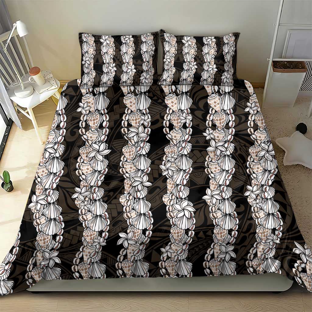 Black and Beige Hawaii Shell Lei Bedding Set Hawaiian Sunrise Shell Hebrew Cone Plumeria - Polynesian Pride