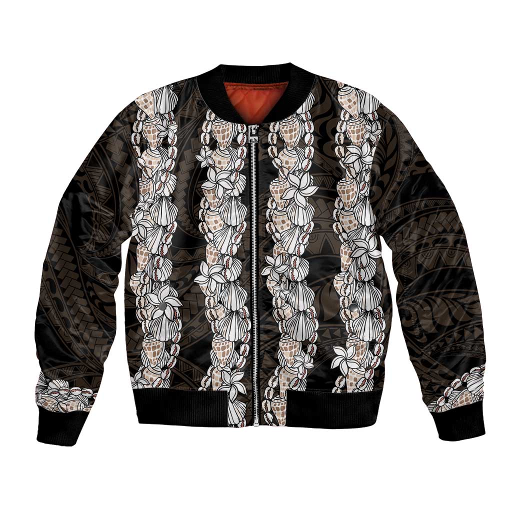 Black and Beige Hawaii Shell Lei Bomber Jacket Hawaiian Sunrise Shell Hebrew Cone Plumeria - Polynesian Pride