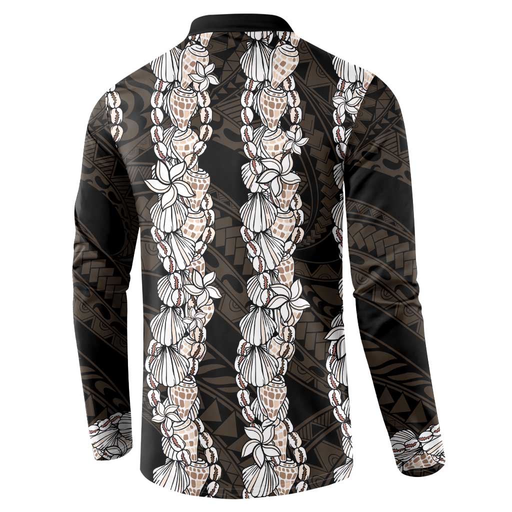 Black and Beige Hawaii Shell Lei Button Sweatshirt Hawaiian Sunrise Shell Hebrew Cone Plumeria - Polynesian Pride
