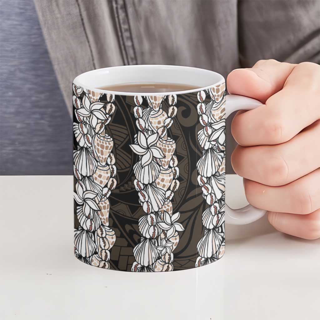 Black and Beige Hawaii Shell Lei Ceramic Mug Hawaiian Sunrise Shell Hebrew Cone Plumeria - Polynesian Pride