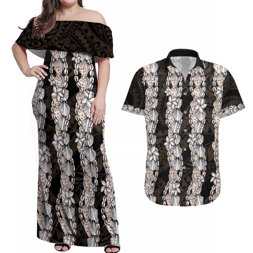 Black and Beige Hawaii Shell Lei Couples Matching Off Shoulder Maxi Dress and Hawaiian Shirt Hawaiian Sunrise Shell Hebrew Cone Plumeria - Polynesian Pride