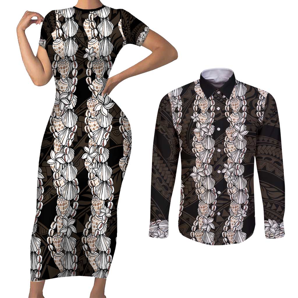 Black and Beige Hawaii Shell Lei Couples Matching Short Sleeve Bodycon Dress and Long Sleeve Button Shirt Hawaiian Sunrise Shell Hebrew Cone Plumeria - Polynesian Pride