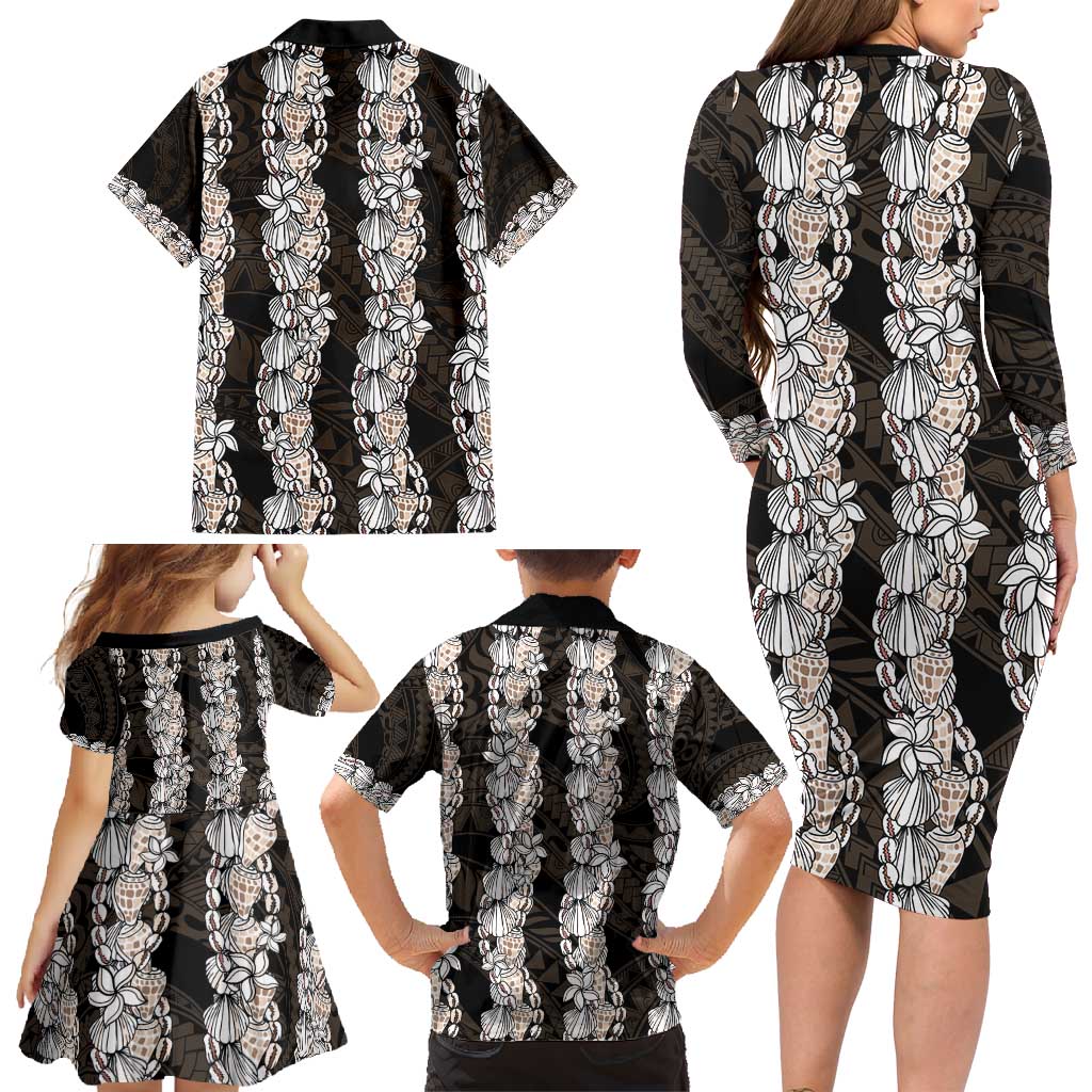 Black and Beige Hawaii Shell Lei Family Matching Long Sleeve Bodycon Dress and Hawaiian Shirt Hawaiian Sunrise Shell Hebrew Cone Plumeria - Polynesian Pride