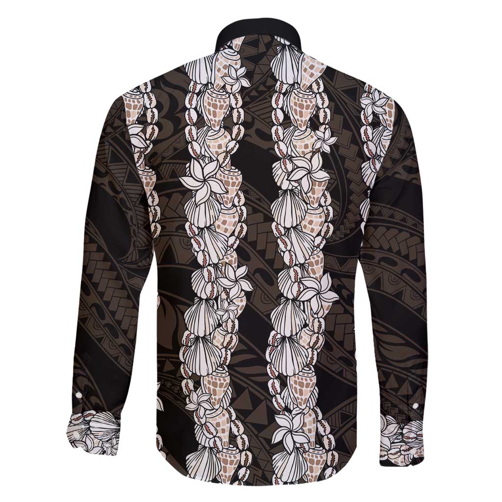 Black and Beige Hawaii Shell Lei Family Matching Long Sleeve Bodycon Dress and Hawaiian Shirt Hawaiian Sunrise Shell Hebrew Cone Plumeria - Polynesian Pride