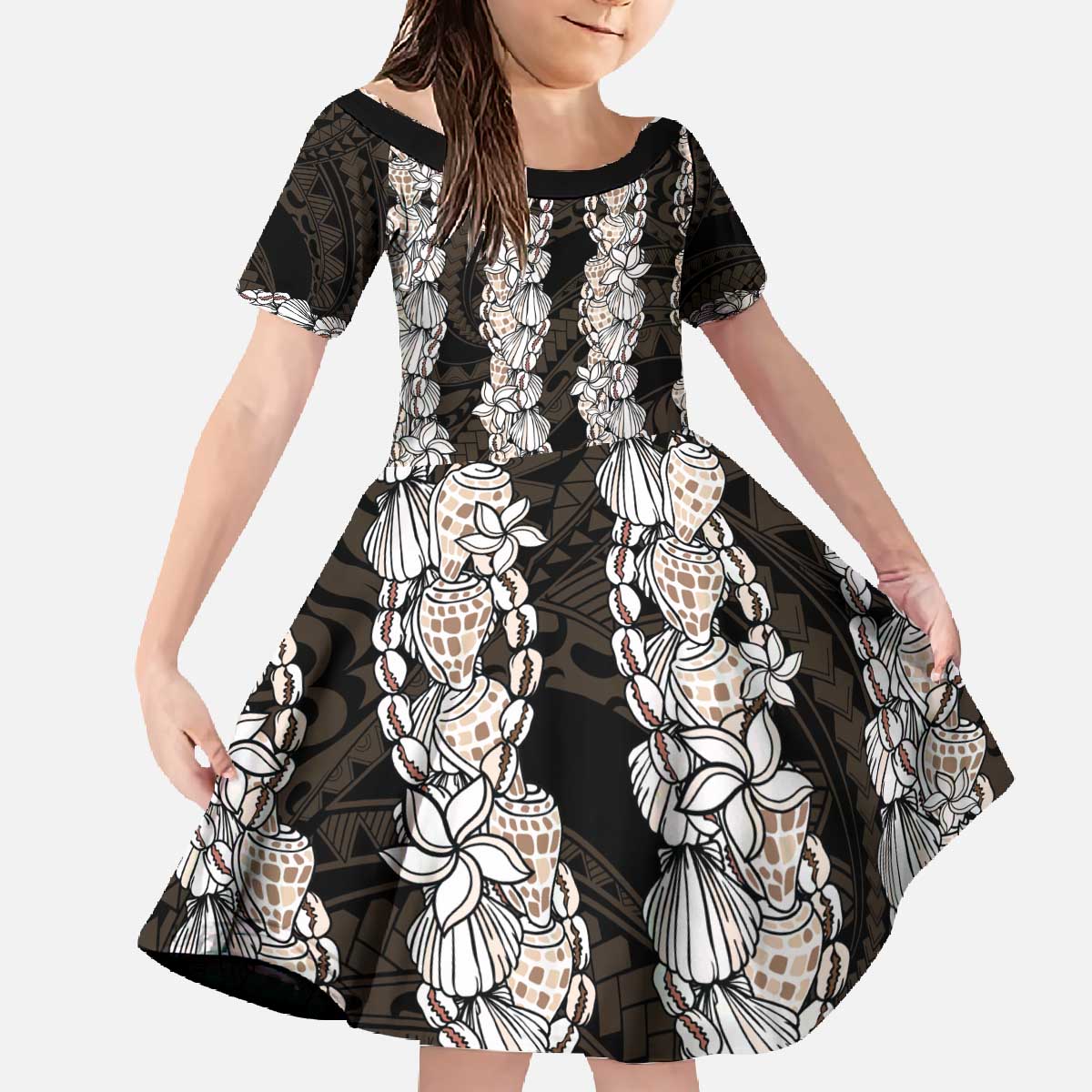 Black and Beige Hawaii Shell Lei Family Matching Off The Shoulder Long Sleeve Dress and Hawaiian Shirt Hawaiian Sunrise Shell Hebrew Cone Plumeria - Polynesian Pride